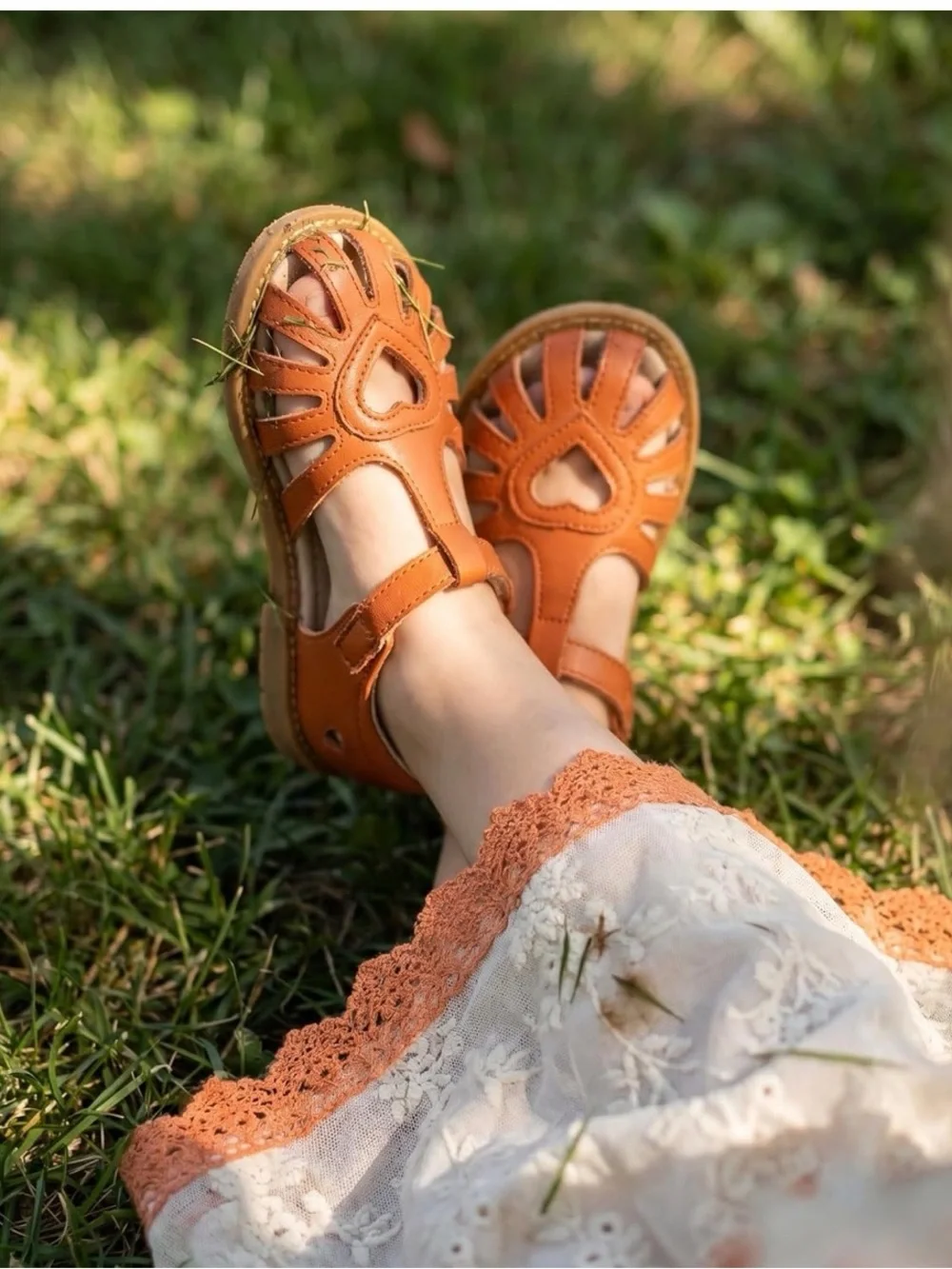 Girls Chestnut Heart Cutout Sandals with Secure Ankle Strap